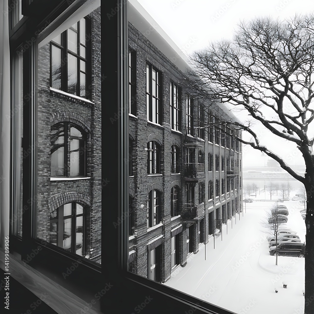 Architectural Facade Reflections in Winterscape Window Pane Monochrome Building Exterior View.