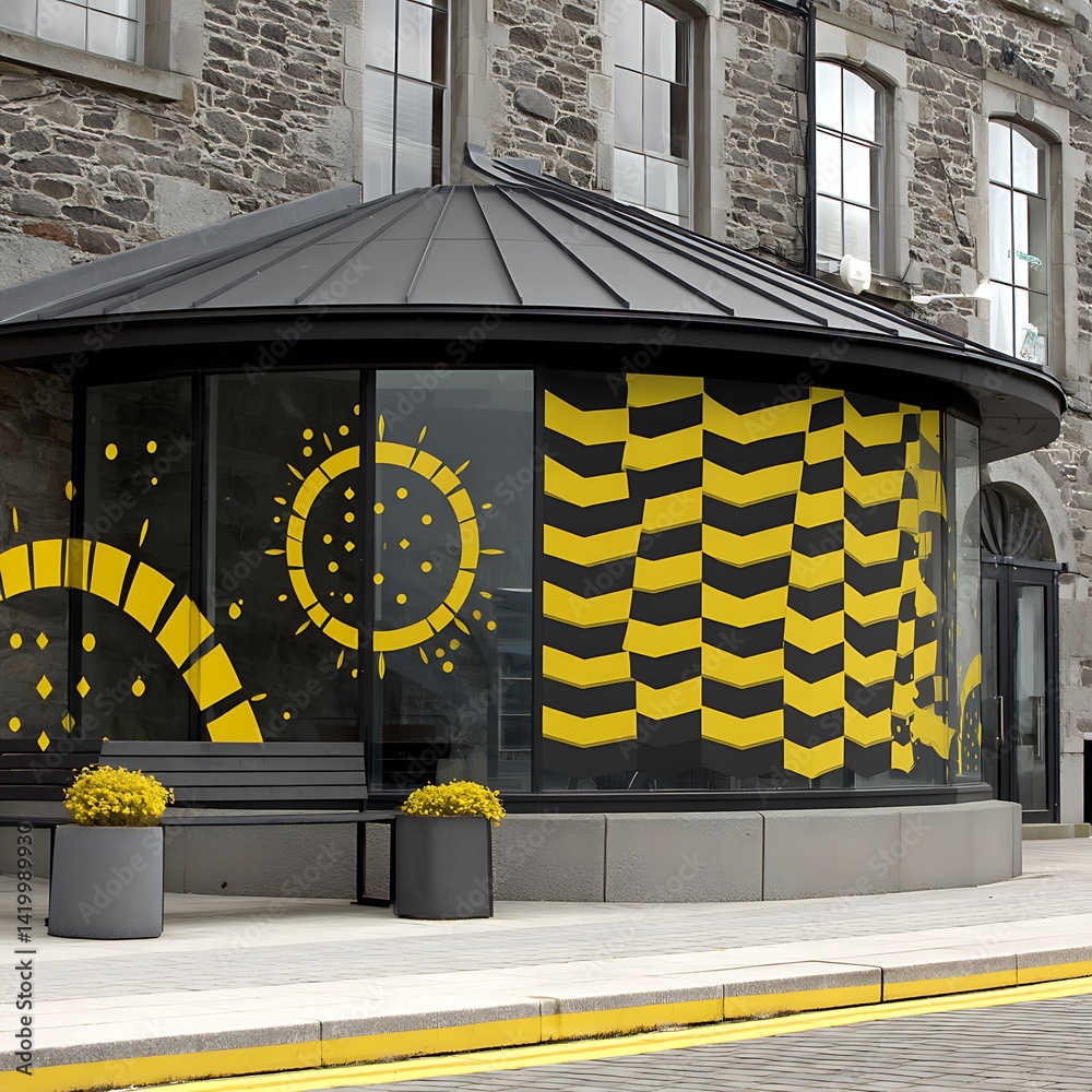 Architectural Facade with Geometric Window Designs Streetscape Elements and Floral Planters.