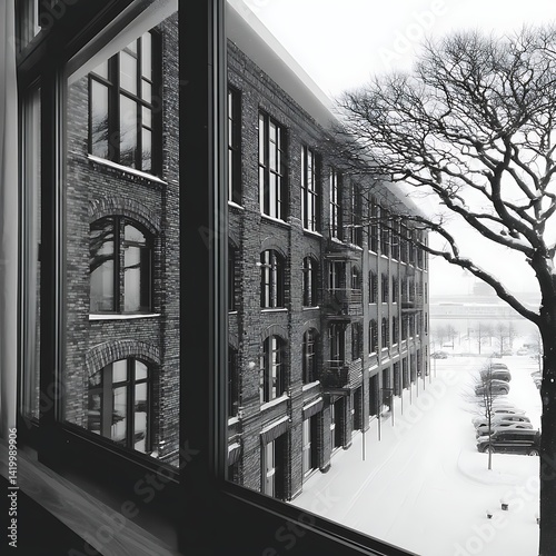 Obraz na płótnie Architectural Facade Reflections in Winterscape Window Pane Monochrome Building Exterior View. w salonie