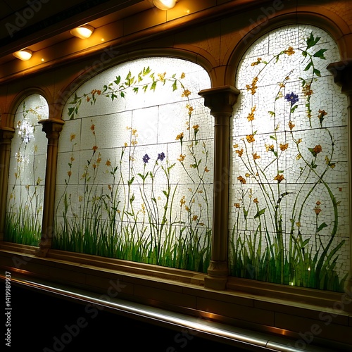 Obraz na płótnie Architectural Floral Mosaic Display in Grand Hall With Stone Columns and Arched Windows. w salonie