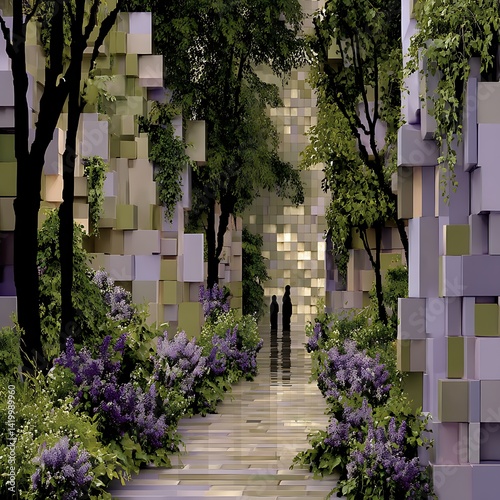 Obraz na płótnie Architectural Garden Walkway with Trees and Lilac Blooms. w salonie