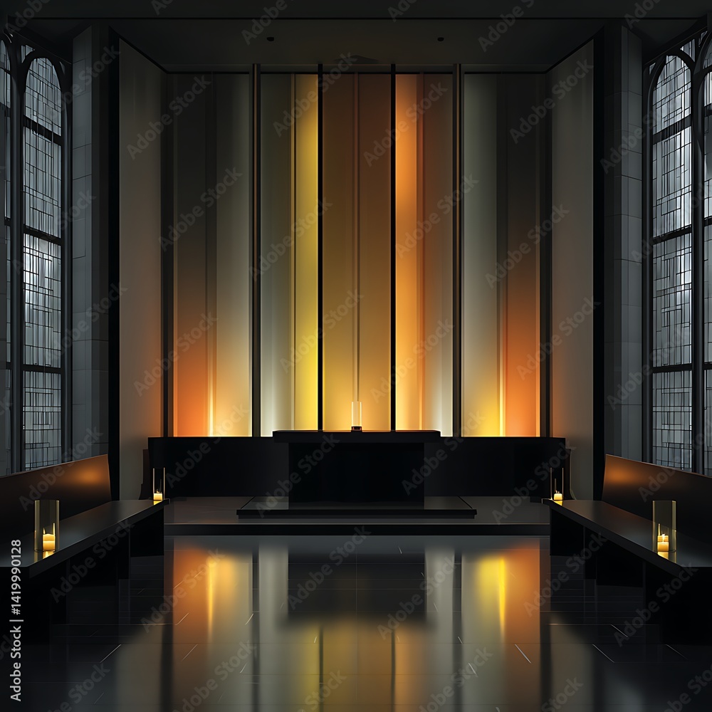 Architectural Interior with Luminous Panels and Minimalist Bench Seating Atmosphere in Subdued Light.