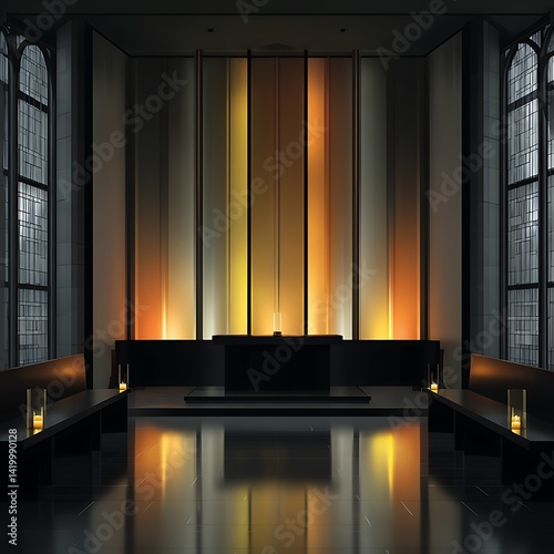 Obraz na płótnie Architectural Interior with Luminous Panels and Minimalist Bench Seating Atmosphere in Subdued Light. w salonie
