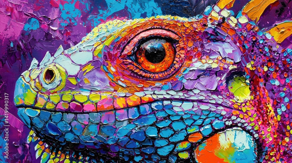 Fototapeta premium Vibrant close-up portrait of a colorful iguana.