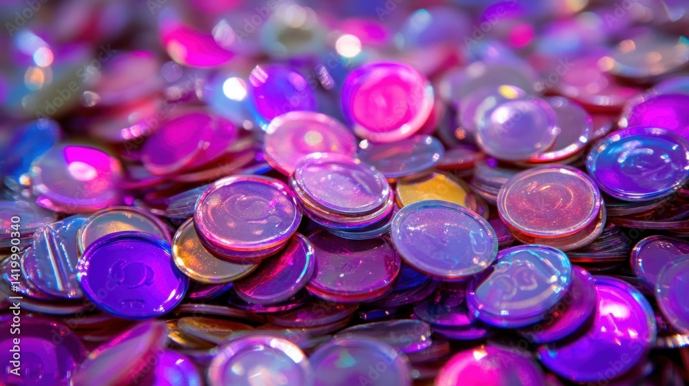 A close up photograph shows colorful reflective shiny glass circles A close up photograph shows colorful reflective shiny glass circles