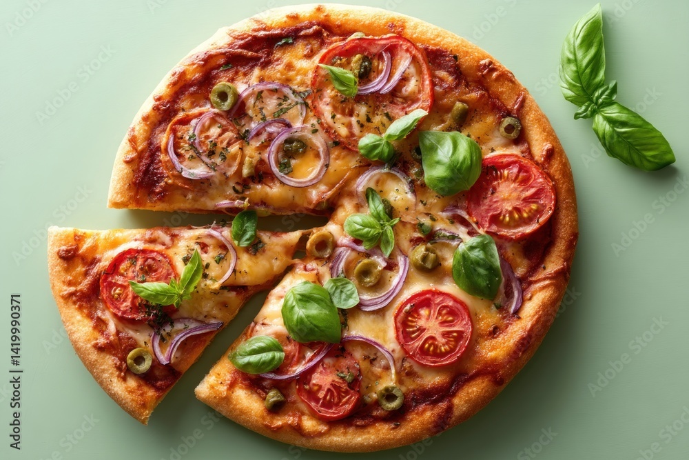 Tasty pizza with tomatoes, onion, basil cut on green background for menu item Tasty pizza with tomatoes, onion, basil cut on green background for menu item