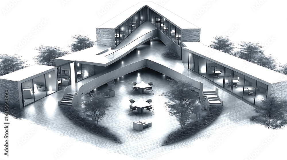 Architectural Marvel Modern Residence Design with Sleek Lines and Lush Greenery Aesthetic View.