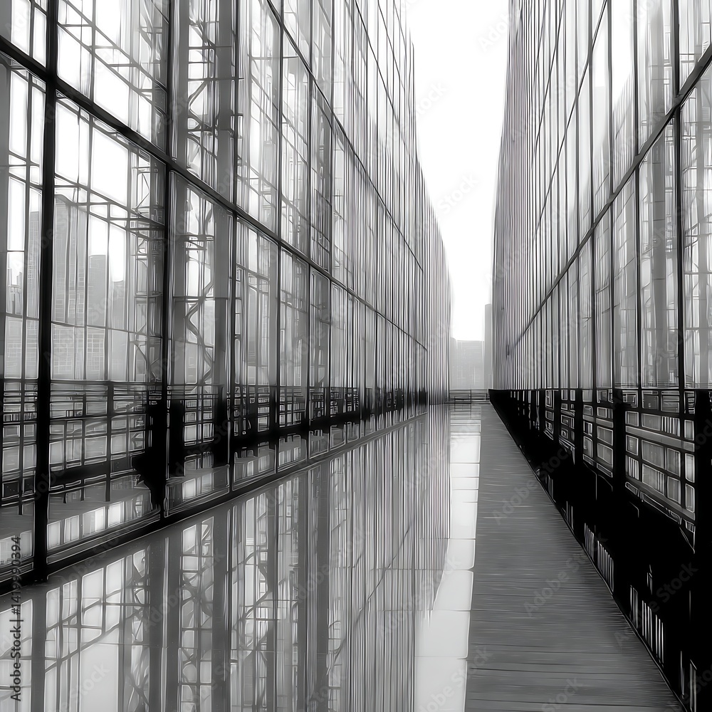 Architectural Reflection in Modern Cityscape Window Gallery Hallway Perspective View.