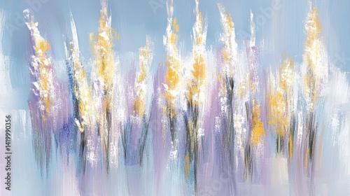 Golden wildflowers painted in broad impressionistic brushstrokes against a hazy blue sky