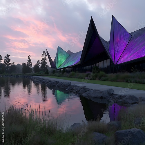 Obraz na płótnie Architectural Marvel Illuminated Reflecting in Tranquil Waterscape at Twilight's Embrace. w salonie