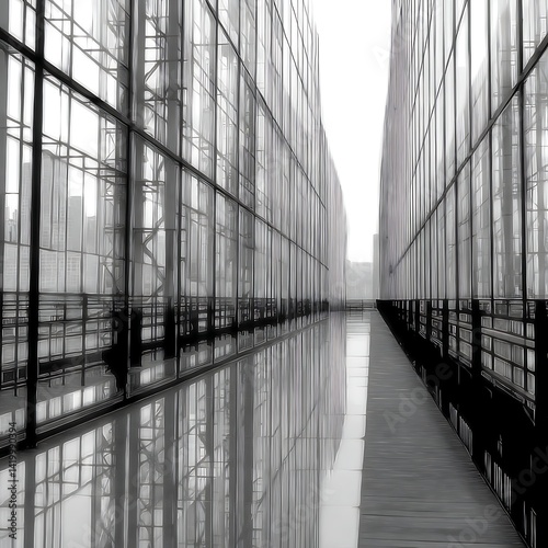 Obraz na płótnie Architectural Reflection in Modern Cityscape Window Gallery Hallway Perspective View. w salonie