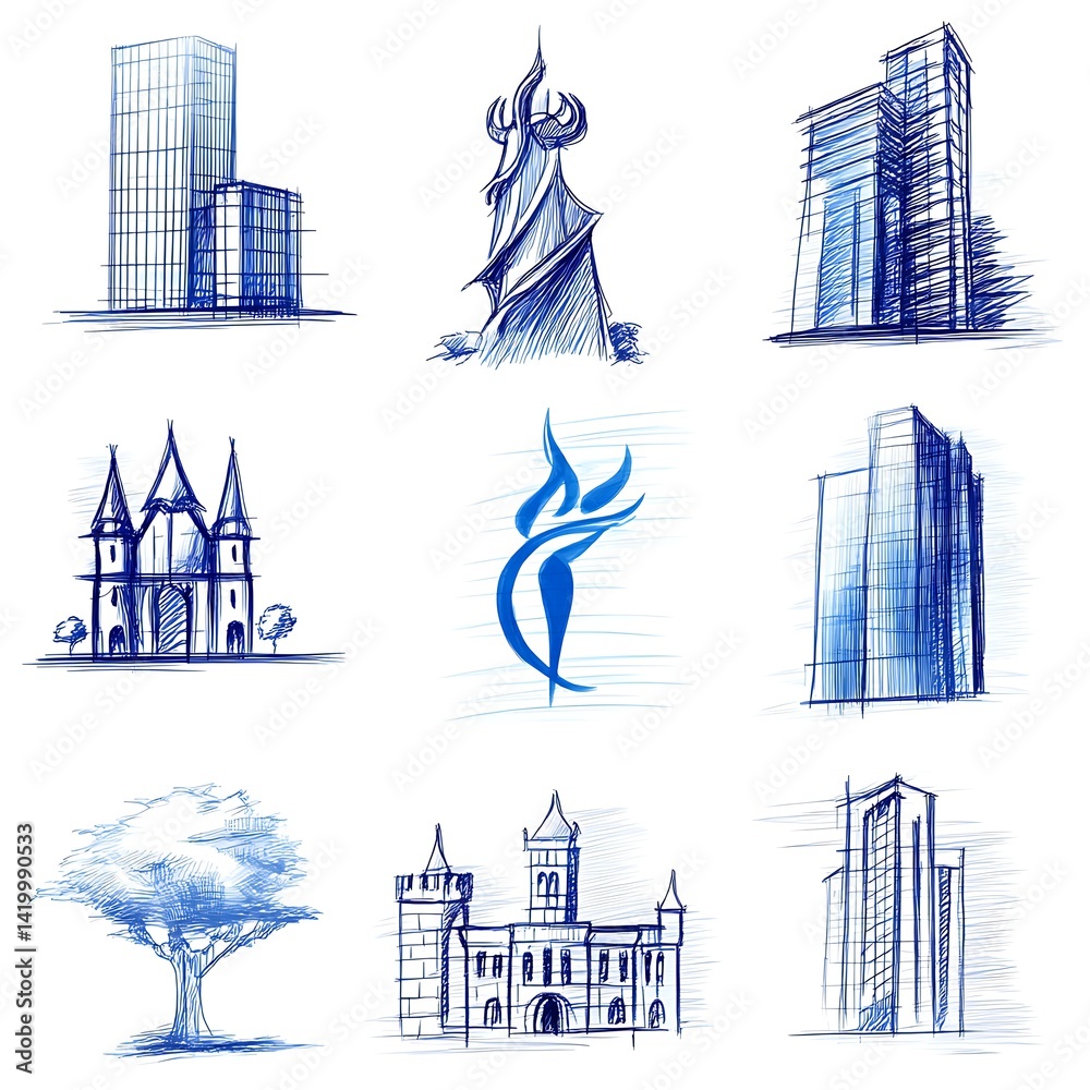 Architectural Sketches Collection of Towers Buildings Landmarks and Tree Designs Concept in Blue Tones.