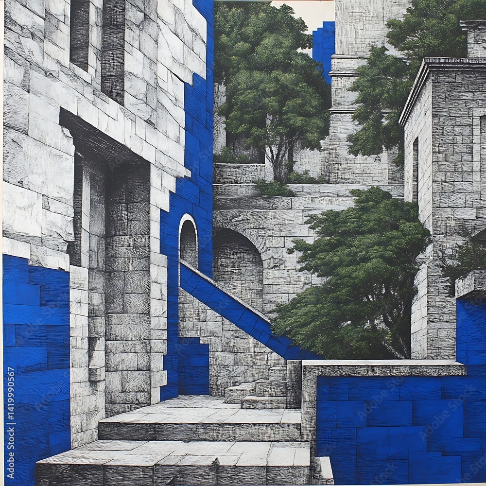 Architectural Stone Structures with Arches and Blue Accents in a Fictional Cityscape Scene.