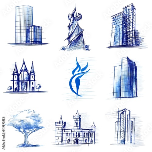 Obraz na płótnie Architectural Sketches Collection of Towers Buildings Landmarks and Tree Designs Concept in Blue Tones. w salonie