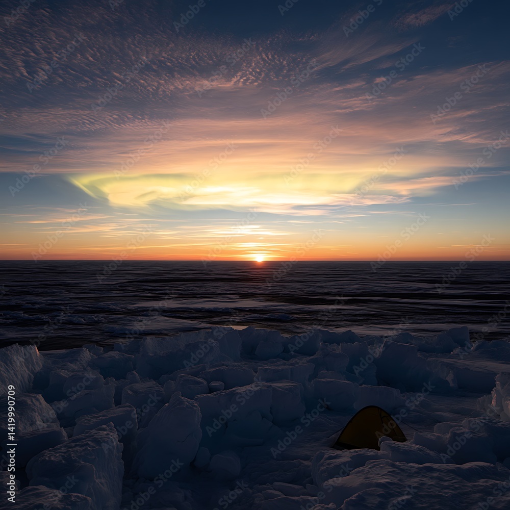 Arctic Expedition Tent Glows Under Auroral Skies Against a Horizon of Ice and Ocean at Sunset.