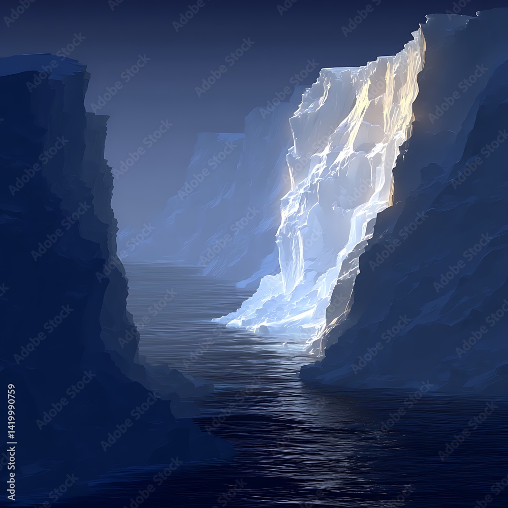 Arctic Iceberg Passage Through the Frozen Sea in the Blue Light of the Polar Regions Journey.