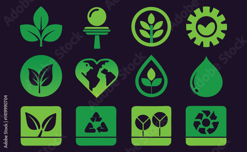 Ecology Flat Icons Set – Nature, Environment & Recycle Symbols – Vector Illustration