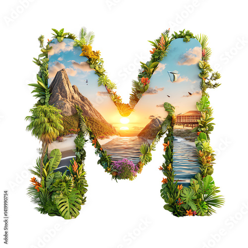 Creative 3D alphabet art featuring letter art i solated on tranparen back ground Stylized letter M with nature scene