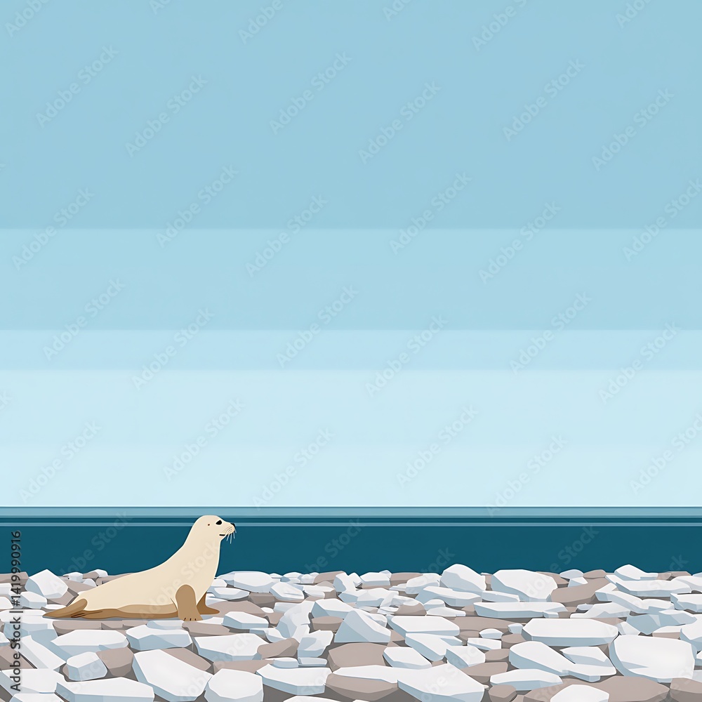 Arctic Seal Resting on Rocky Shoreline with Pale Blue Sky and Water Graphic Illustration