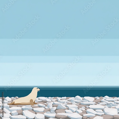 Obraz na płótnie Arctic Seal Resting on Rocky Shoreline with Pale Blue Sky and Water Graphic Illustration w salonie
