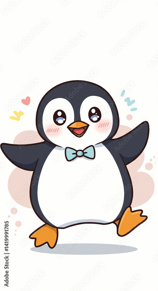 Fototapeta premium Cartoon Penguin Waving with Bowtie Illustration