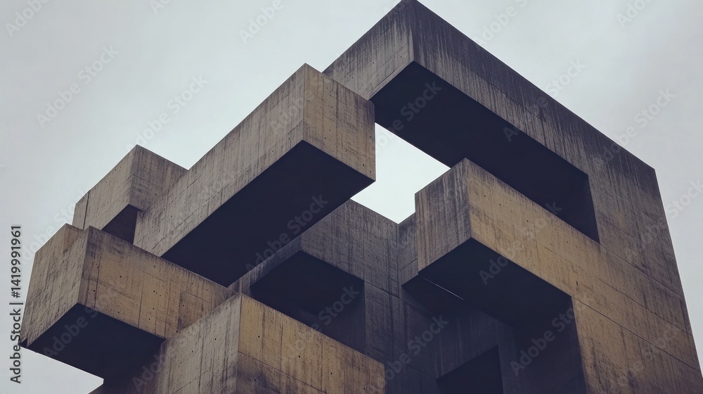 The geometric concrete structure rises up against the cloudy sky The geometric concrete structure rises up against the cloudy sky