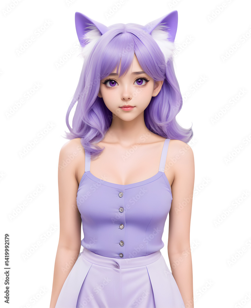 An animal-like character wearing a lavender dress. The image also shows a young woman with long light purple hair and cat ears standing in the center of the image. An animal-like character wearing a lavender dress. The image also shows a young woman with long light purple hair and cat ears standing in the center of the image.
