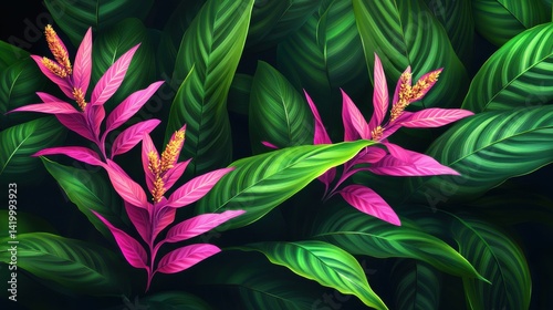 Tropical plants and Jungle background vector. colorful summer pattern design with topical foliage, arts brush and pink color. Modern wallpaper design for prints, poster, cover, cards and. homewares.