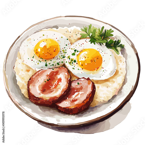 Watercolor Hog Jowl & Grits with Sunny Side Eggs Art