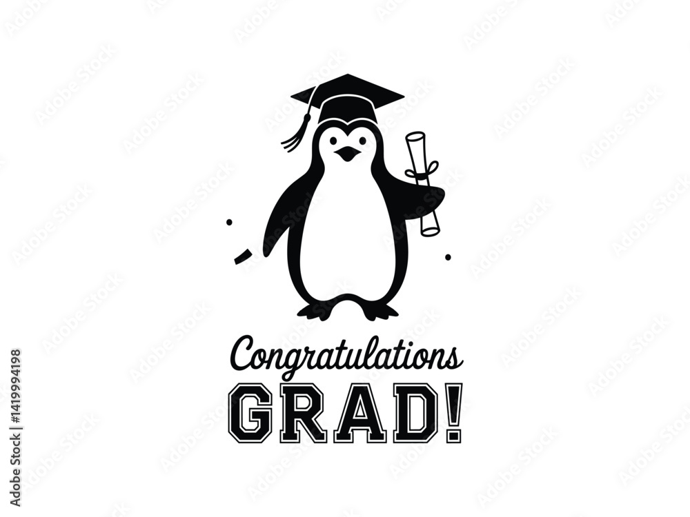 Obraz premium Grad Penguin Congrats Diploma Cap Cute