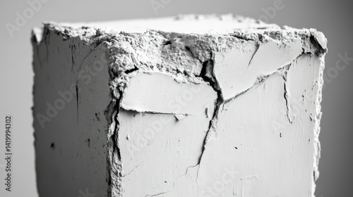 A monochromatic close up view of a cracked concrete block