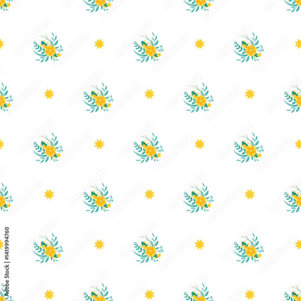 Seamless Pattern with Yellow Flowers and Green Leaves on White Background Seamless Pattern with Yellow Flowers and Green Leaves on White Background