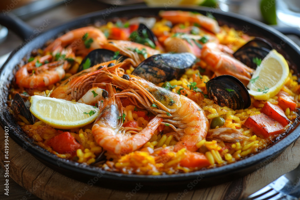 paella with shrimps and sea food on table paella with shrimps and sea food on table