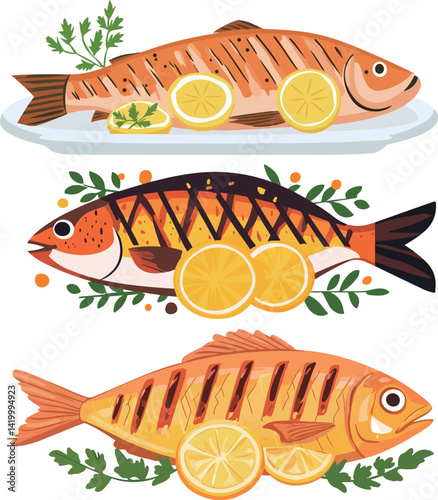 Obraz na płótnie Cartoon grilled fish food illustration material
w salonie