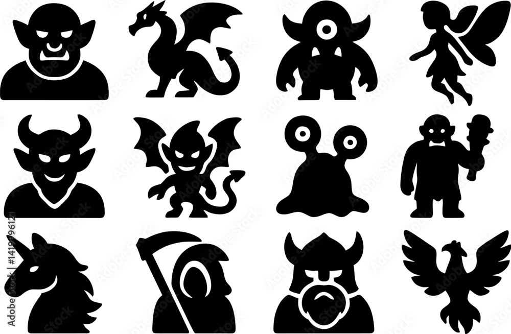 Obraz premium Mythical Creatures Silhouettes: A collection of diverse black silhouette fantasy creatures in a variety of shapes, capturing a captivating array of fantastic beings for creative use.