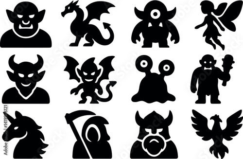 Mythical Creatures Silhouettes: A collection of diverse black silhouette fantasy creatures in a variety of shapes, capturing a captivating array of fantastic beings for creative use.