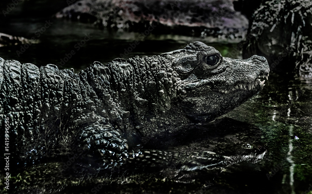 Dwarf crocodile at the pool. The world's smallest crocodile. Latin name - Osteolaemus tetraspis