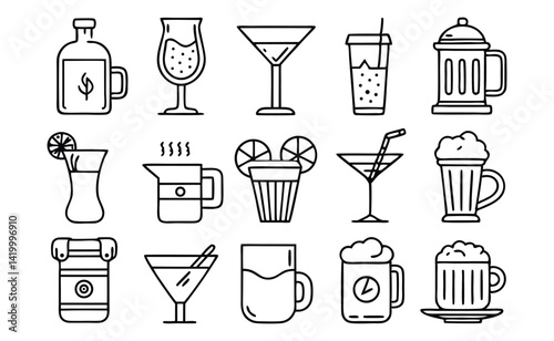 Drink Thin Line Icons Collection – Beverage, Cup, Glass – Editable Stroke Vector