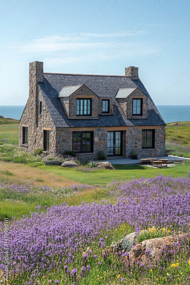 Obraz premium Stone house with chimney sits in a field of purple flowers near ocean.