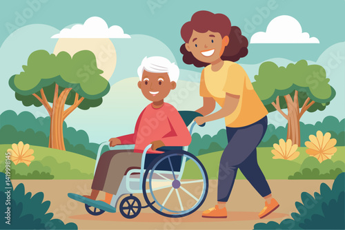 Smiling Caregiver Pushing Wheelchair Bound Senior