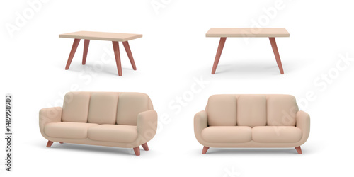 Soft Beige Sofa And Coffee Table Set In Minimal Pastel Style With Smooth Rounded Shapes. Trendy 3D Furniture Collection For Interiors, Mockups, And Web Design. Vector Illustration.