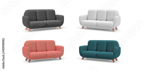 3d Colorful Minimal Sofa Set In Four Trendy Tones With Soft Shapes And Pastel Legs. Perfect For Modern Interiors, App Mockups, Or Web Design Projects. Vector Illustration.