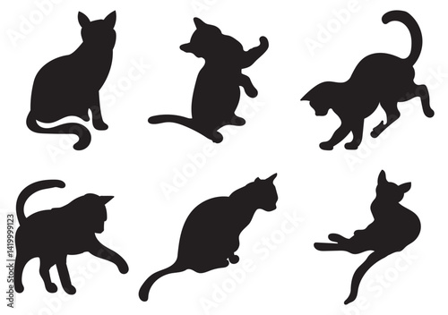 Cat Silhouettes Vector Illustration, perfect for Halloween, cat lovers. Features various cat poses, paw prints. Ideal for pet, animal, feline, domestic, house cat themes