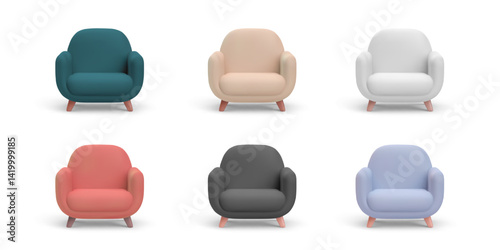 Colorful Armchairs Collection In 3D Minimal Style With Soft Shapes And Pastel Tones. Perfect For UI Design, App Interfaces, And Interior Concepts. Clean Layout. Vector Illustration.