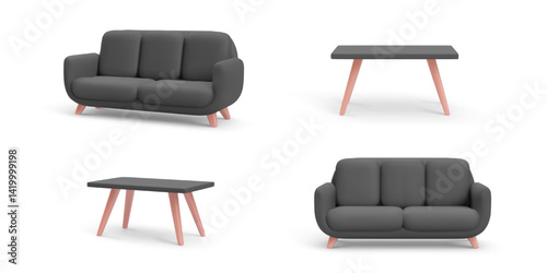 Modern Sofa And Coffee Table Set In Minimal 3D Style With Soft Edges And Pastel Legs. Perfect For UI, Interior Concepts, And Web Design Projects. Clean Composition. Vector Illustration.