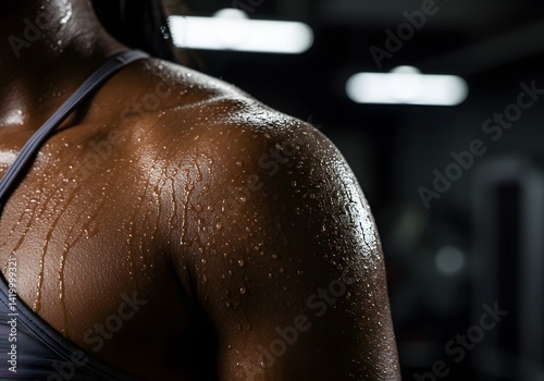 Sweaty female athlete shoulder close up intense workout fitness