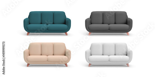Modern Sofa Set in 3D Minimal Style with Wooden Legs. Elegant Couch Collection for Home Interior, Catalogs, and Web Design. Clean Look with Soft Tones. Vector Illustration.