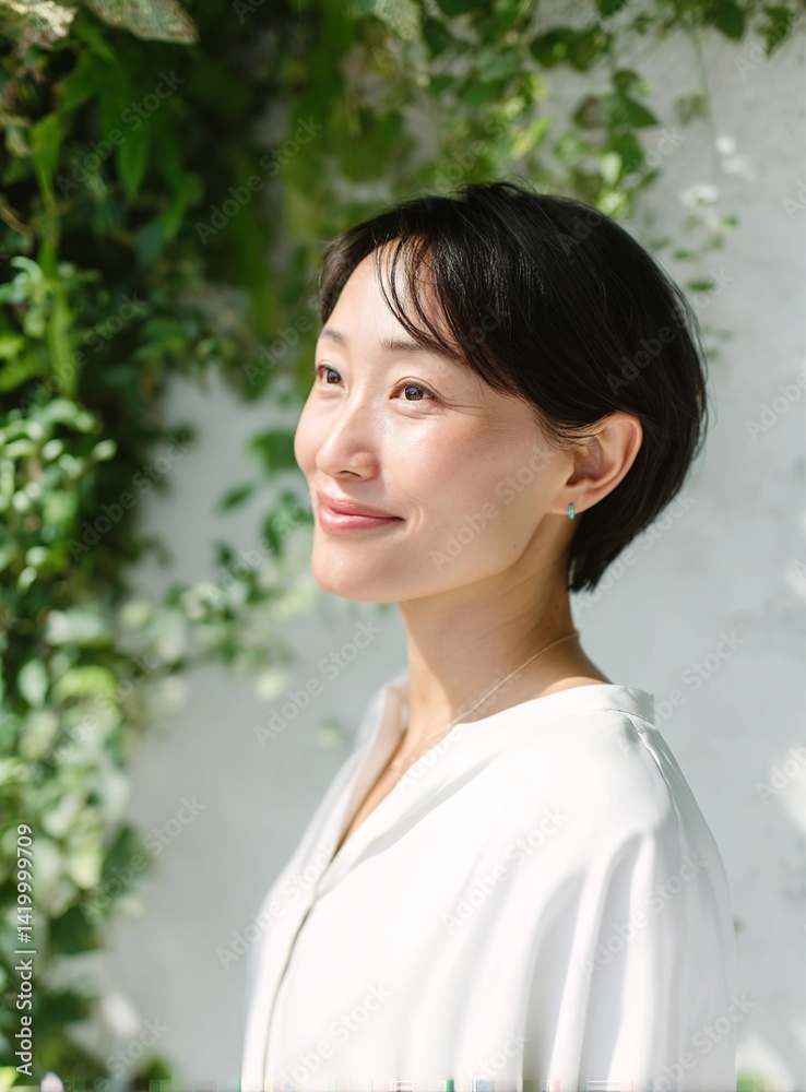 A beautiful Japanese woman in her thirties, wearing a white outfit, smiles at the camera. She has A beautiful Japanese woman in her thirties, wearing a white outfit, smiles at the camera. She has