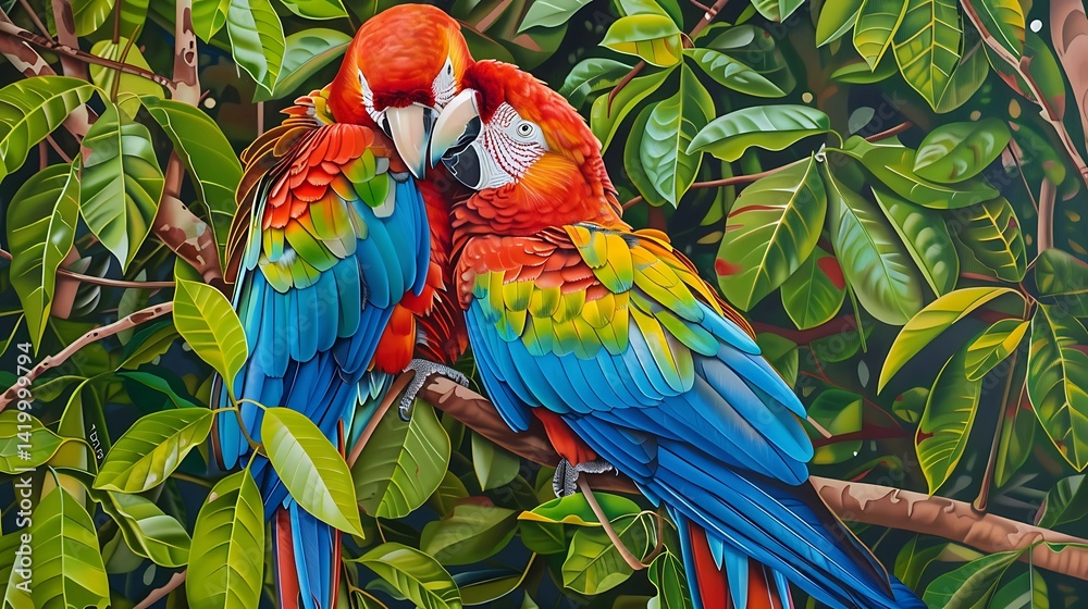 Fototapeta premium A pair of lorikeets perches on a flowering limb, their vivid plumage bursting with color amid delicate petals and leafy greens.