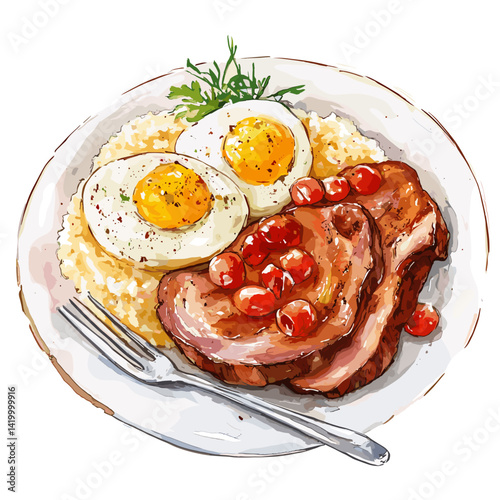 Watercolor Hog Jowl & Grits with Sunny Side Eggs Art